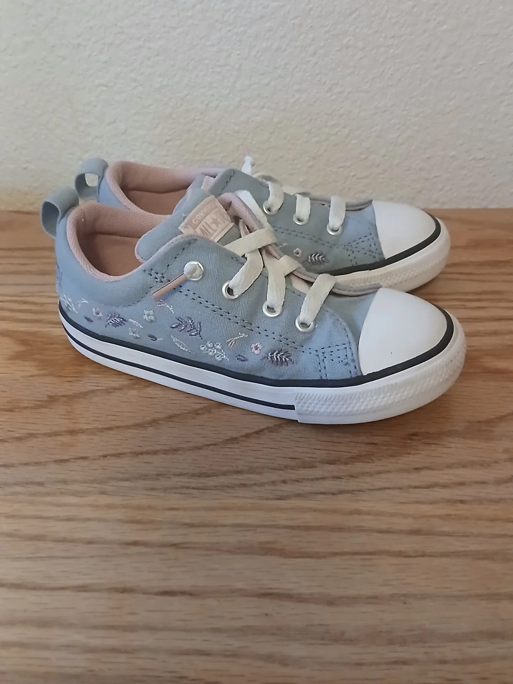 Converse Kids Blue Canvas Sneakers with Pink Lining and Floral Embroidery